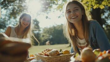 Friends enjoying a picnic in a sunny park with a basket of food and cheerful smiles in the afternoon photo