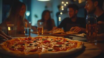 Friends enjoying a delicious pizza dinner in a cozy dimly lit room with soft background lights in the evening photo