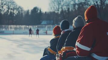 Enthusiastic spectators watching a youth hockey practice on a crisp winter afternoon in a frozen outdoor rink photo