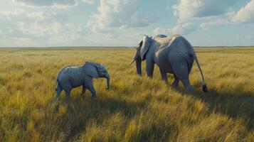 A mother elephant walks through golden grasslands with her young calf during a sunny afternoon in the savannah photo