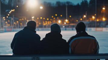 Three friends sitting on a bench at an ice rink during twilight, enjoying the atmosphere as the lights illuminate the skating area photo