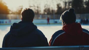 Two friends watch ice hockey at sunset on a rink surrounded by trees in a local park photo