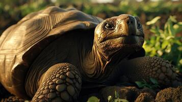 A close-up of a tortoise exploring a lush green garden during golden hour sunlight photo