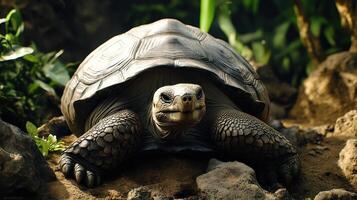 A tortoise resting on rocky terrain, surrounded by greenery in a natural habitat during daylight photo