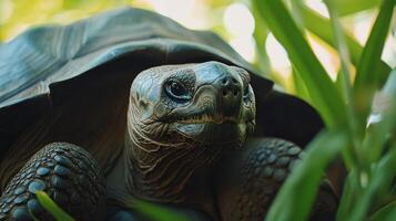 Close-up of a tortoise in lush greenery during midday sunlight, showcasing its detailed shell and facial features photo