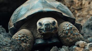 A Galapagos tortoise emerges from rocky terrain in a natural habitat during the afternoon sun photo