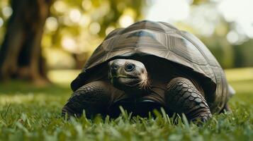 A tortoise walking slowly through a lush green garden on a sunny day in late spring photo