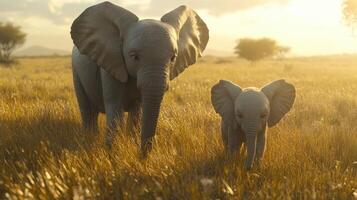 A mother elephant and her calf walking together in the golden grassland during sunset photo