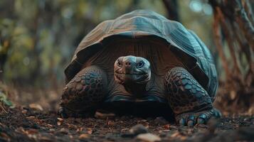A tortoise resting on the forest floor during a sunny day in a serene natural environment photo