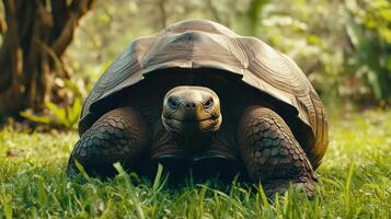 Giant tortoise resting on lush grass in a serene garden during a sunny afternoon photo