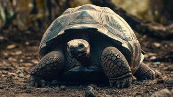 A giant tortoise resting on the forest floor in a natural habitat during the day photo