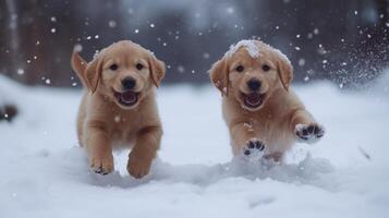 Two playful golden retriever puppies run joyfully through fresh, white snow on a winter day photo