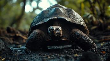 Giant tortoise walking through a lush green habitat during the day photo