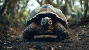 A giant tortoise explores its natural habitat in a lush forest setting during daylight hours photo