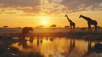 Two giraffes and a group of animals drink water at sunset near a serene watering hole in the savanna photo