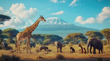 A giraffe stands tall among elephants and monkeys in a savanna landscape with Mount Kilimanjaro in the background during a sunny afternoon photo