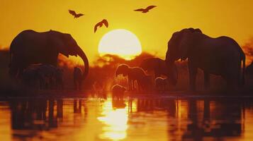 Elephants near a watering hole at sunset with birds in flight and golden sky in a natural habitat photo