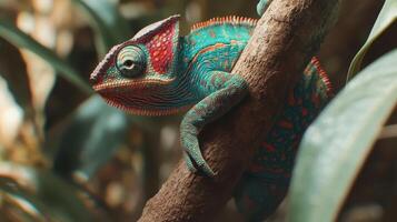 Colorful chameleon perched on a branch amidst lush greenery in a tropical forest during daylight photo