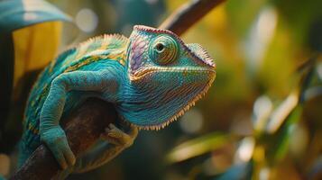 A vibrant chameleon perched on a branch in a lush tropical environment during the day photo
