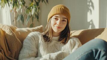 Young woman sitting comfortably on a couch in a cozy sweater and hat, enjoying sunlight in a bright, cheerful room photo