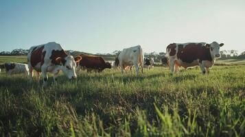 Cows grazing in a lush green pasture during golden hour in the countryside photo