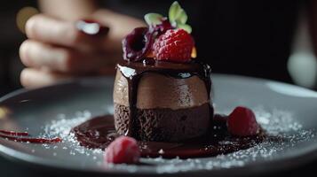 Delicious chocolate mousse dessert topped with raspberries and chocolate sauce at an elegant restaurant photo