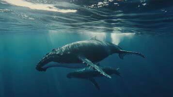 Two humpback whales swimming gracefully in clear blue ocean waters during daylight photo
