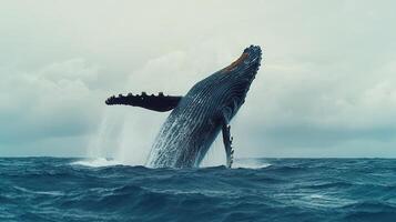 Humpback whale breaching in the ocean under a cloudy sky photo