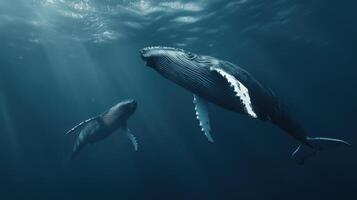 Humpback whales swimming gracefully in the deep ocean during daylight hours photo
