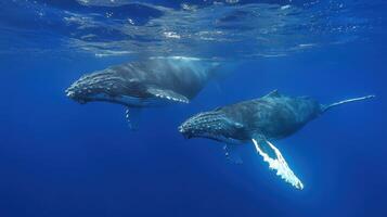 Two humpback whales swimming playfully in vibrant blue ocean waters during the day photo