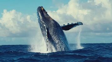 Humpback whale breaching the ocean surface under a bright blue sky with fluffy clouds during the day photo