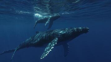 Two humpback whales swimming gracefully in clear blue water during an underwater exploration in the ocean photo