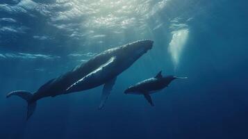 Humpback whales swimming gracefully in deep blue waters during daylight photo