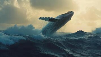 Humpback whale breaching in stormy seas at sunset photo