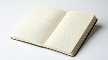 Open notebook with blank pages on a white surface ready for writing or drawing photo