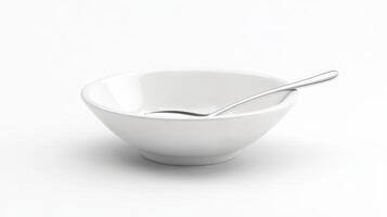 A white bowl with a silver spoon on a plain background photo