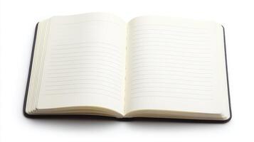 Open blank notebook showcasing crisp pages on a white background ready for writing and creativity photo