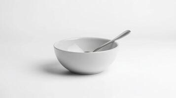 Simple white bowl with a silver spoon on a clean background photo