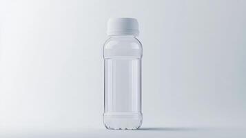 Clear plastic water bottle filled with water placed on a minimalist surface photo