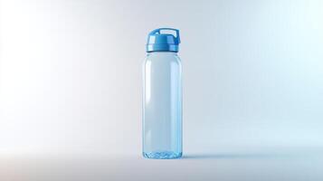 Transparent water bottle with blue lid on light background photo