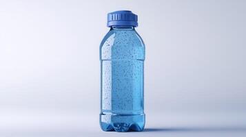 Clear blue water bottle with a screw cap on a plain background photo