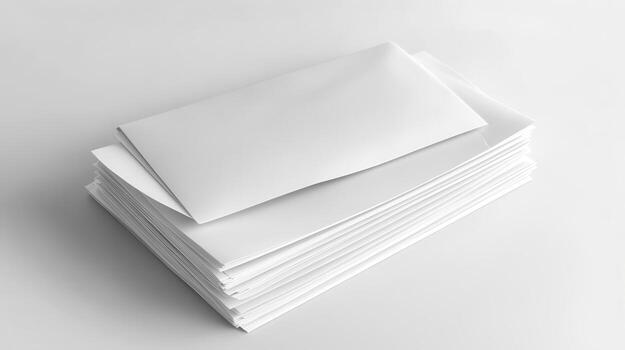 Stack of blank envelopes and sheets of paper resting on a light background photo