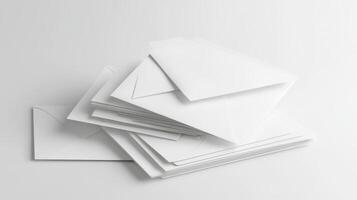 A stack of blank white envelopes resting on a light background photo