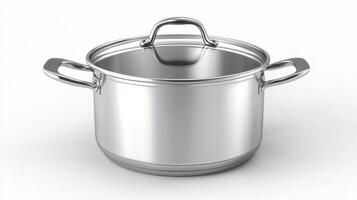A stainless steel cooking pot with a lid placed on a plain background photo