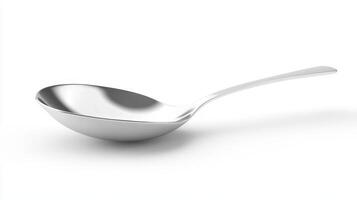 Simple stainless steel spoon on a white background with a smooth surface reflecting light photo
