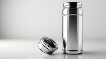 Shiny stainless steel water bottle on a grey background with a removed lid photo