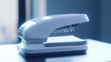 A sleek white stapler with a stack of papers rests on a modern desk against a backdrop of natural light in an office setting photo