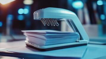 A modern stapler resting on a stack of papers in an office setting during the evening photo