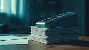 Desk scene with a stack of documents and a vintage calculator in a softly lit room during the late afternoon photo