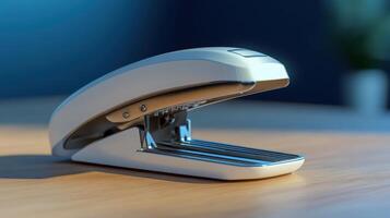 A modern desktop stapler on a wooden table in a well-lit office setting during the day photo